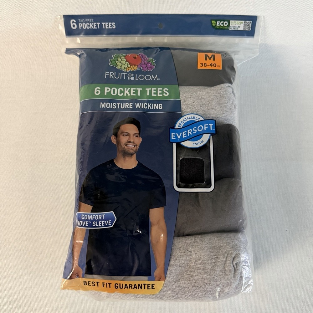6 Fruit Of The Loom M 38-40 Black Gray Pocket T-Shirts Moisture Wicking Cotton